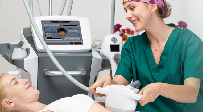 Aesthetic practitioner performing RF skin tightening treatment using V8 PMP Anchorfree device on patient's abdomen for post-fat-loss skin firming